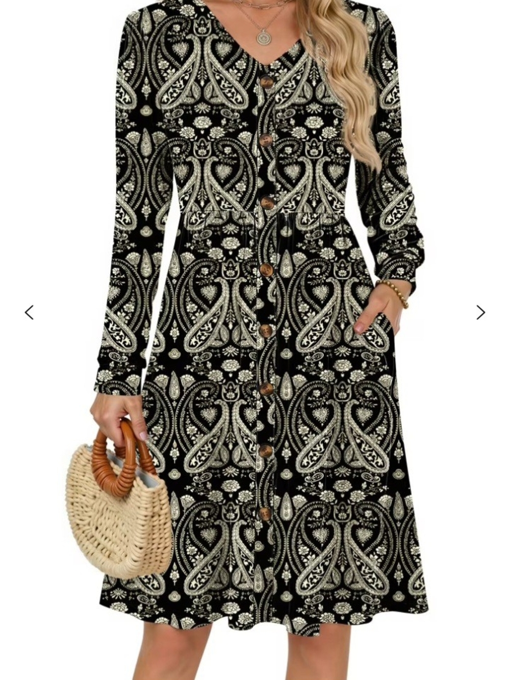 Fantaslook Black & Cream Paisley Button-Front Dress Pockets Size XL